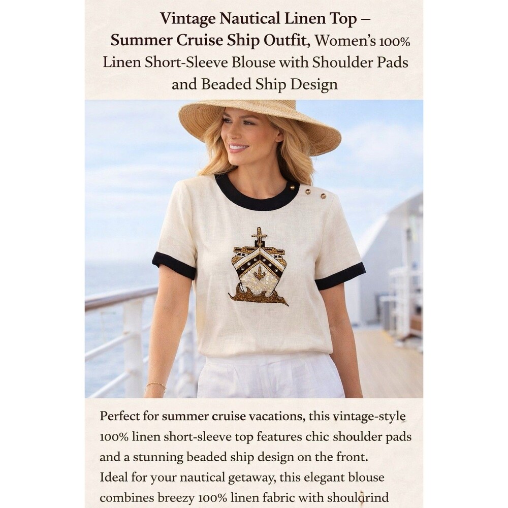 Vintage 100% Linen Nautical Beaded Ship Top Sz 10 Short Sleeve Blouse Cruise